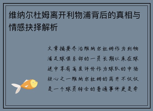 维纳尔杜姆离开利物浦背后的真相与情感抉择解析 维纳尔杜姆离开利物浦背后的真相与情感抉择解析